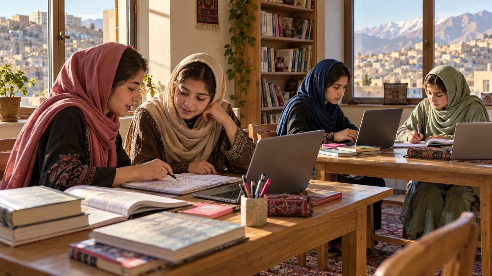 Students study together at wooden tables with laptops and books in a sunlit room.
