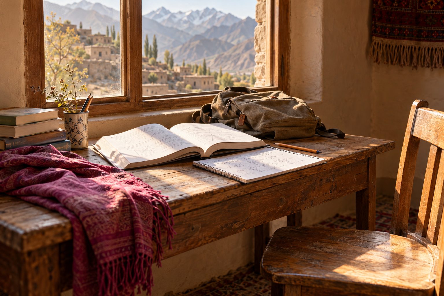 A sunlit wooden desk by a window with open textbooks, a notebook, and a canvas backpack, with mountains outside.