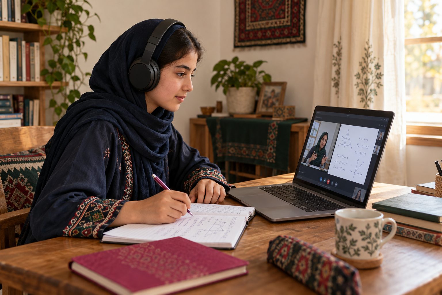 A student wearing headphones writes in her notebook beside a laptop showing a live mathematics lesson.