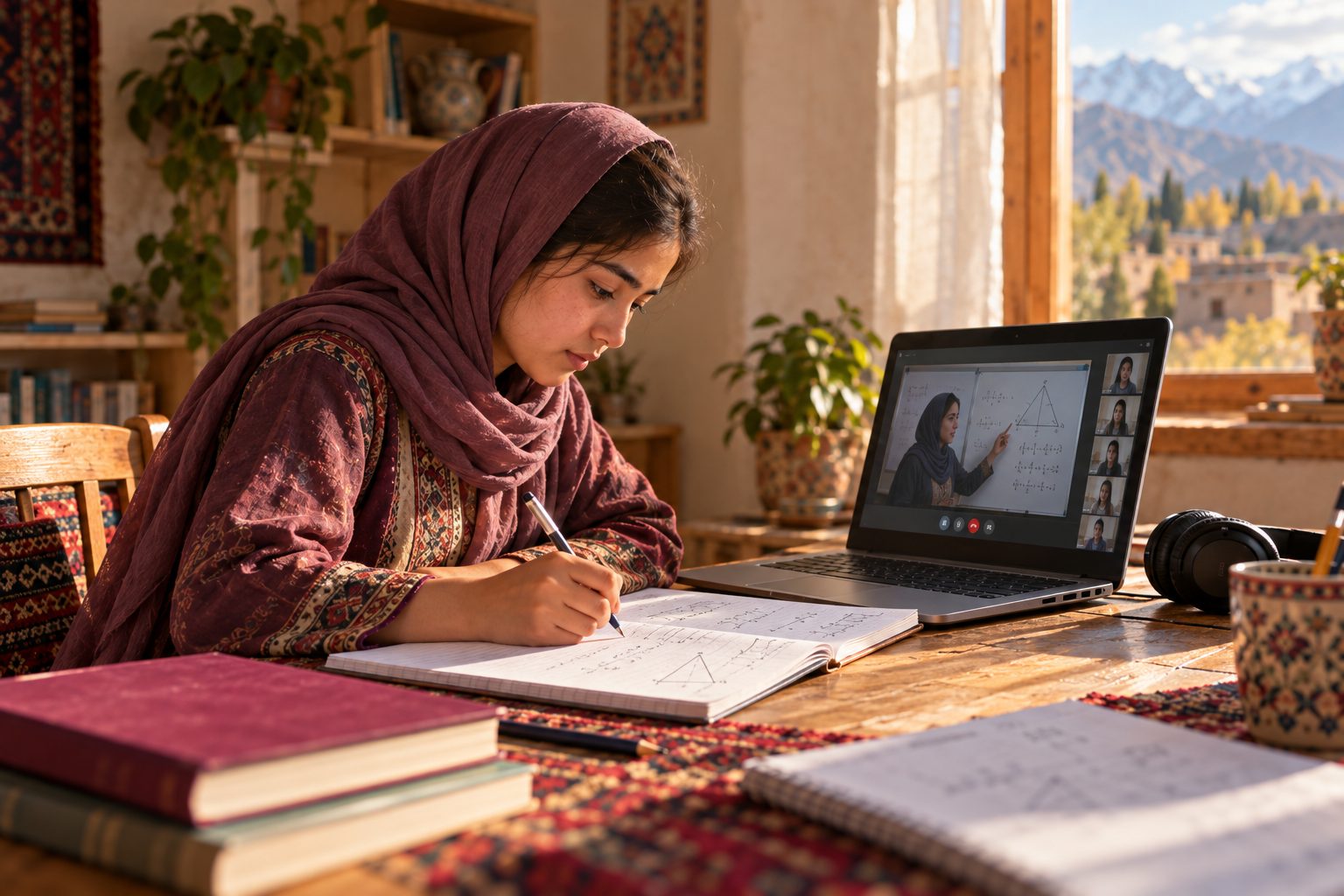 A student works through geometry problems in her notebook while following a lesson on her laptop.