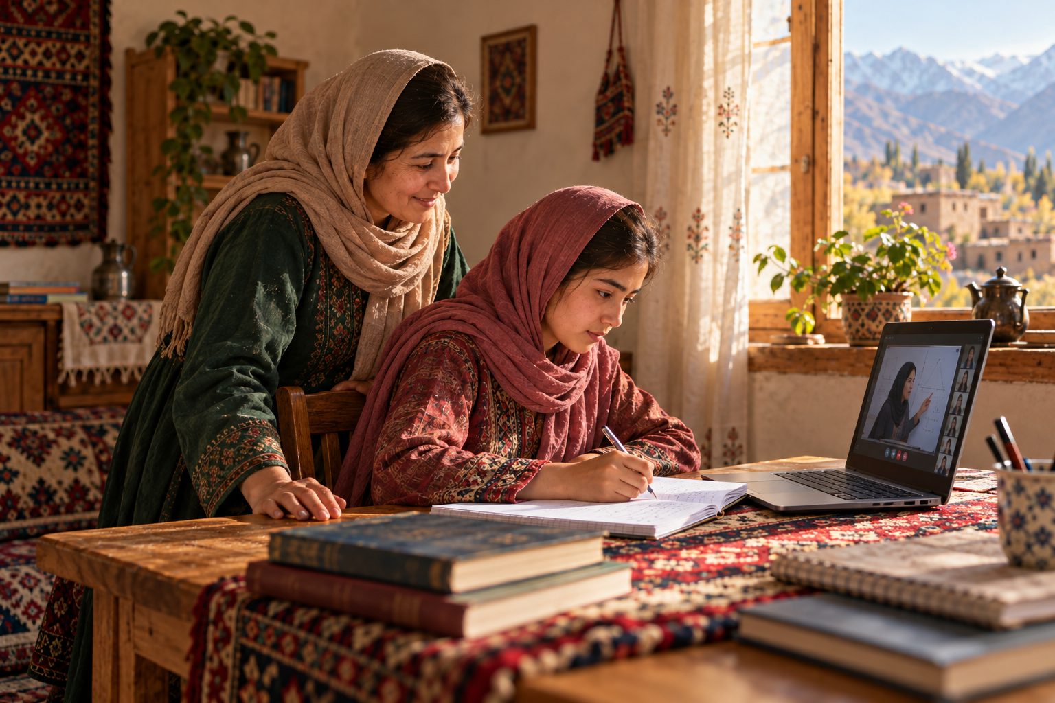 A mother stands beside her daughter as she writes notes during an online lesson.