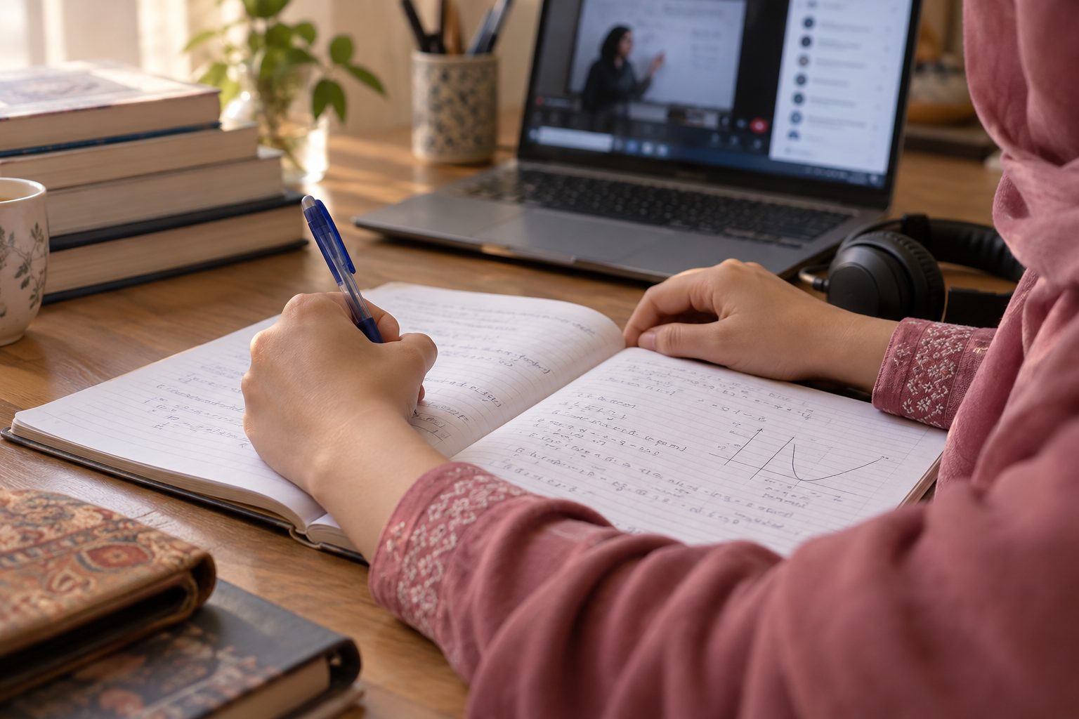 Close-up of a student writing mathematics notes while a teacher presents on a laptop screen.