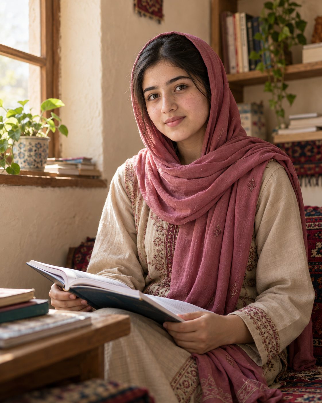 A young woman in a rose headscarf sits by a window holding an open book.