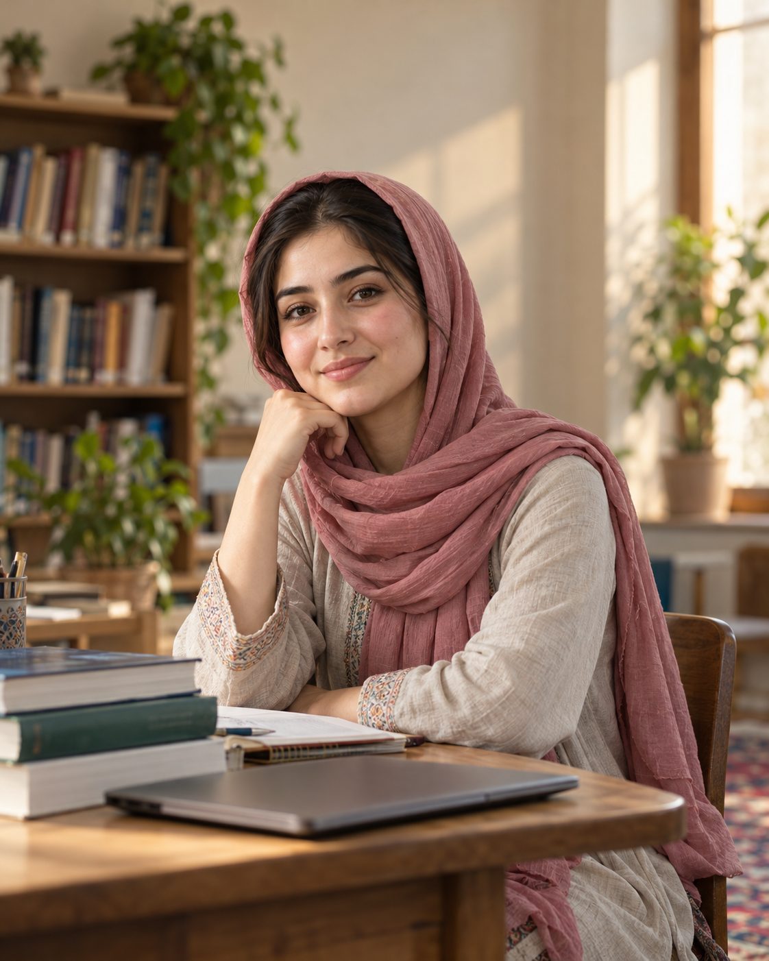 A smiling young woman sits at a library table with books and a closed laptop.