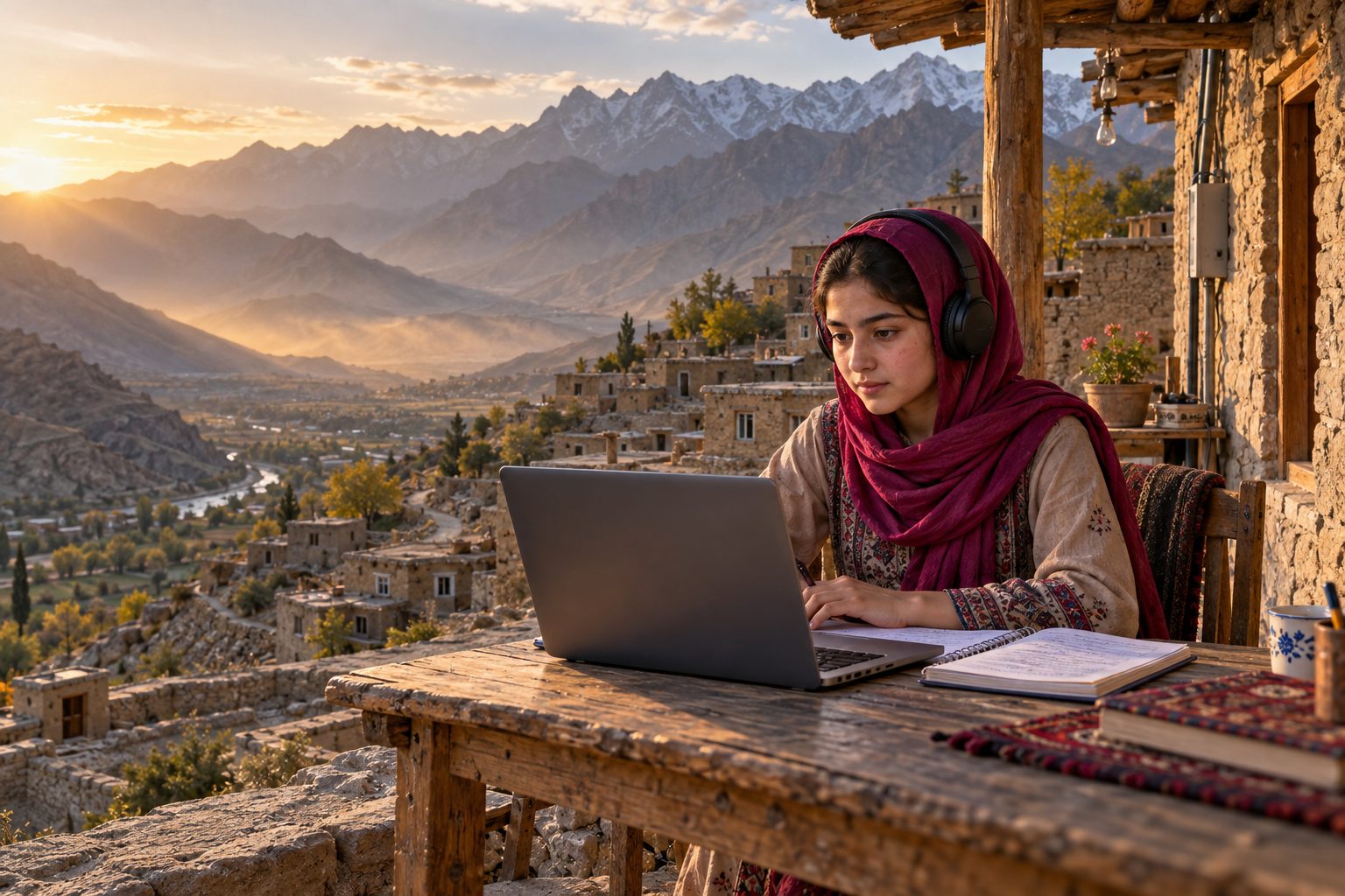 A student with headphones studies on a laptop at an outdoor table above a mountain village at sunset.