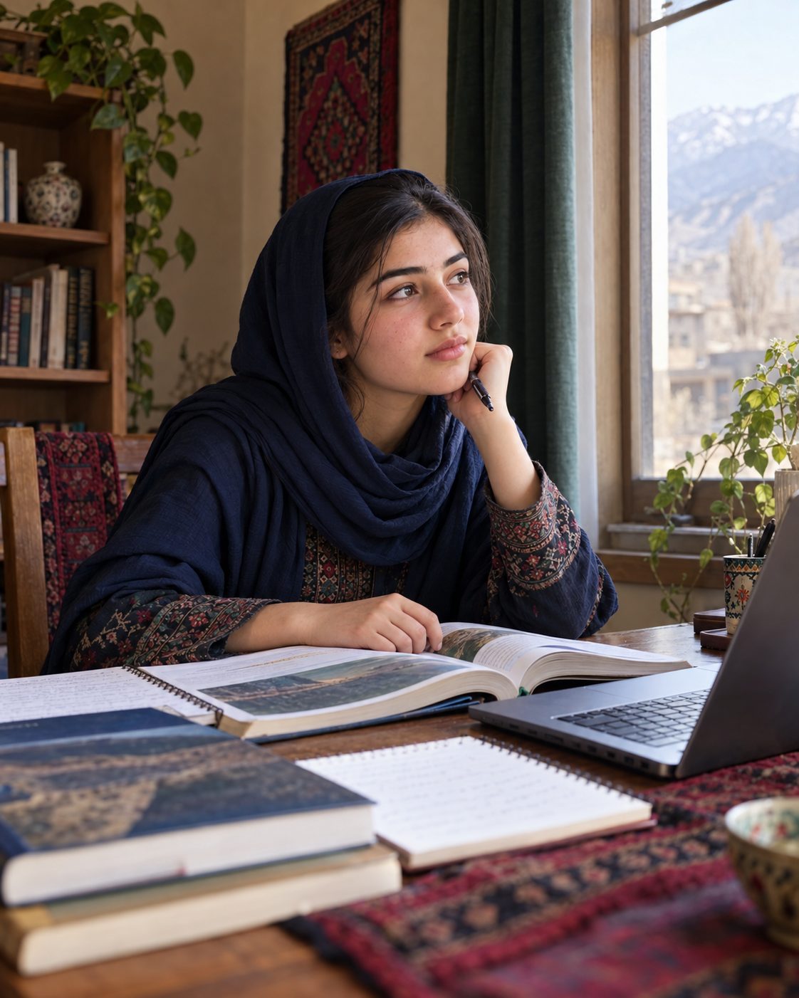 A student in a navy headscarf looks thoughtfully toward a window over her open books.