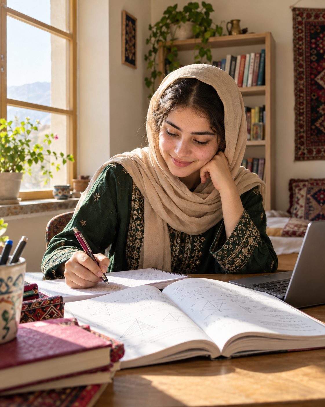 A smiling student writes notes beside an open geometry textbook.