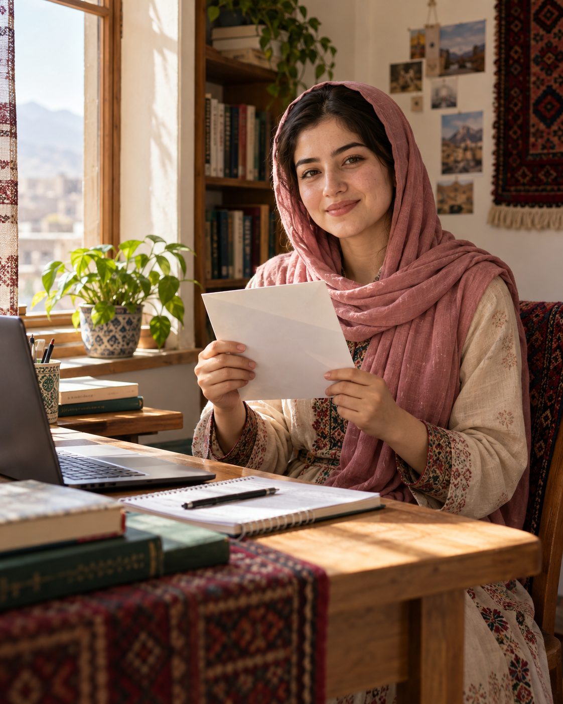 A smiling young woman at her desk holds a letter.