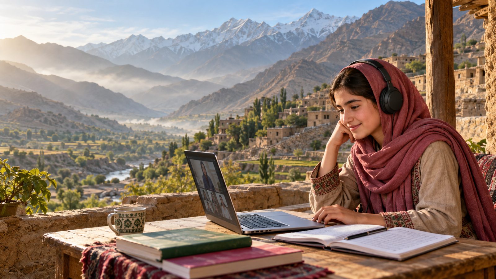 A smiling student wearing headphones follows an online class on a terrace above a green mountain valley.