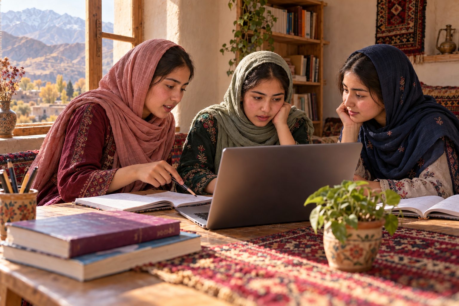 Three students share notes and a laptop around a table.