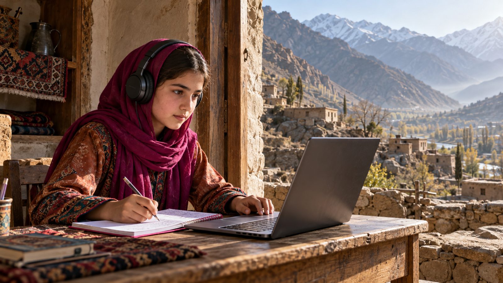 A student in a magenta headscarf and headphones writes notes beside her laptop at a doorway overlooking a mountain village.