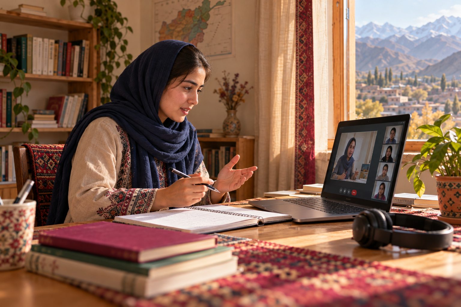 A student speaks with her teacher and classmates during a live video lesson.