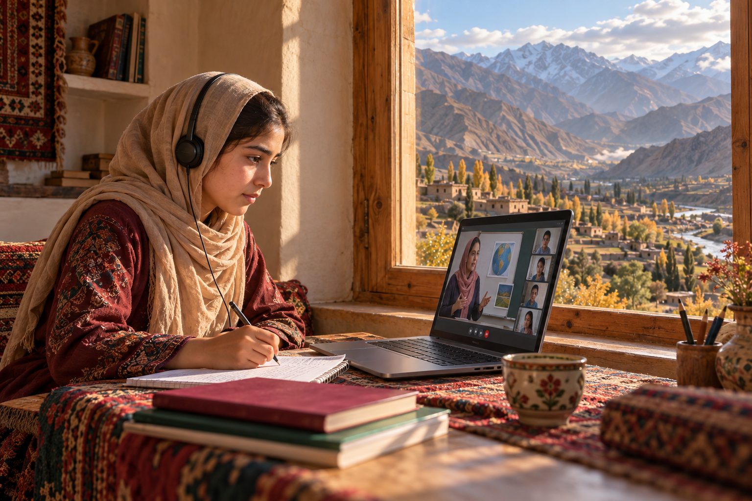 A student in headphones takes notes during an online lesson at a window overlooking a mountain valley.